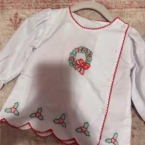 White Baby Shirt with Red Trim and Embroidery and diaper cover